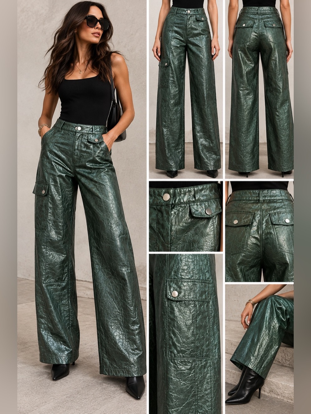 Baum und Pferdgarten Nuvin Green Faux Leather Wide Leg Cargo Pants 26’💚